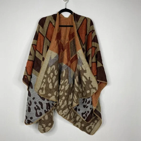 NEW Boho Diamond Cheetah Ruana Oversized Open Wrap Poncho Blanket Scarf - Picture 6 of 8